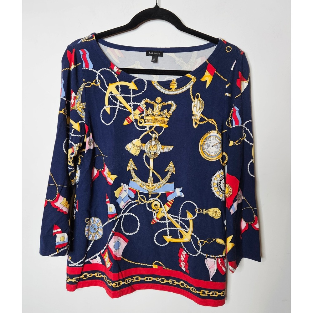 Talbots‎ Nautical Print Top Anchor Crown 3/4 Sleeve Navy Blue Red Medium